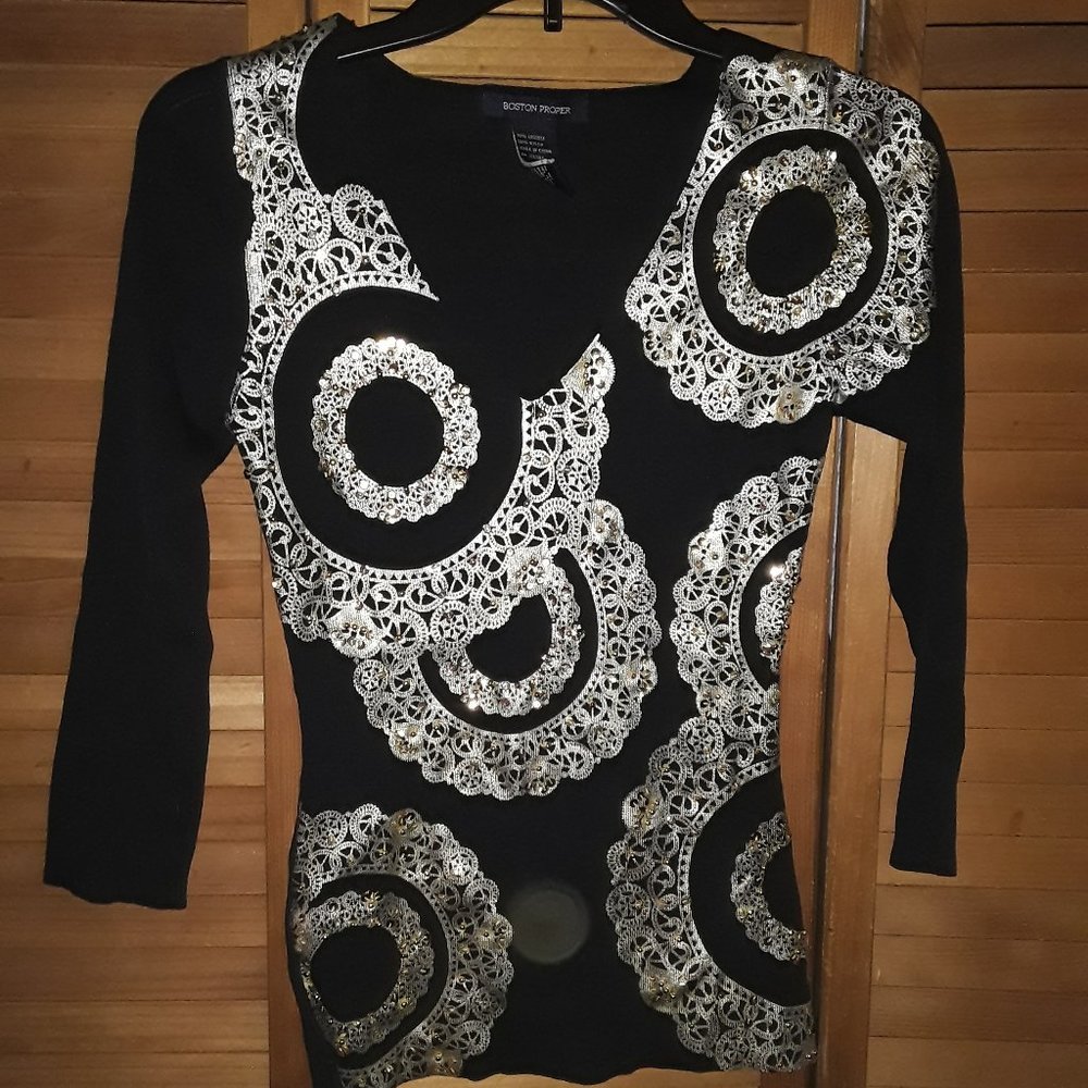 Boston Proper SZ XS Black Gold Design Tight Fitting Knit Fancy Holiday Sweater